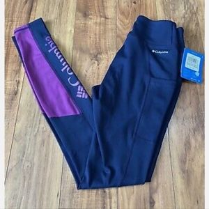 Navy blue and purple Columbia leggings.